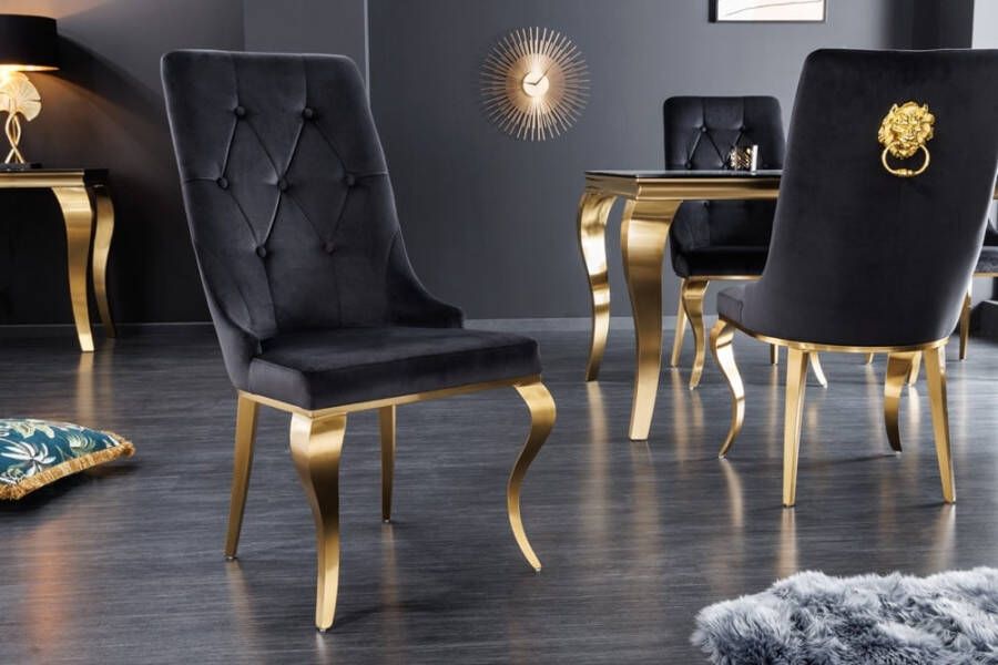 Invicta Interior Elegante stoel MODERN BAROK zwart fluweel met gouden leeuwenkop 42317 - Foto 1