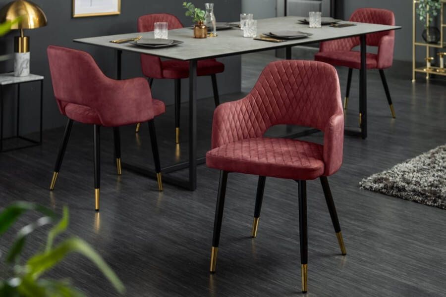 Invicta Interior Elegante stoel PARIS rood fluweel decoratief gewatteerd voetdoppen goud retro design met armleuningen 42291 - Foto 2
