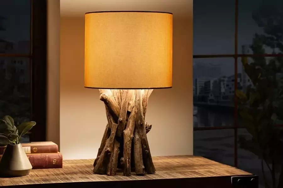 Invicta Interior Massief houten tafellamp HARMONY NATURE 50cm beige teakhout met linnen kap 41385 - Foto 1