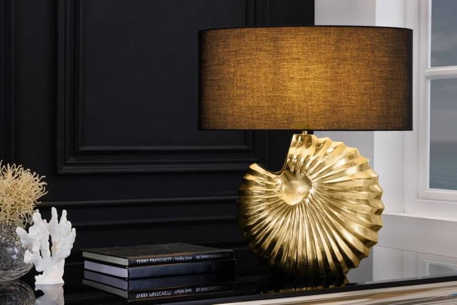 Invicta Interior Design tafellamp SHELL 60cm goud zwart metalen stoffen kap maritiem 42737 - Foto 1
