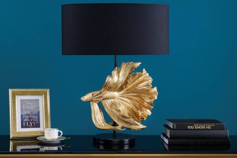 Invicta Interior Design tafellamp CROWNTAIL 65cm zwart goud stoffen kap marmeren voet 43170 - Foto 1