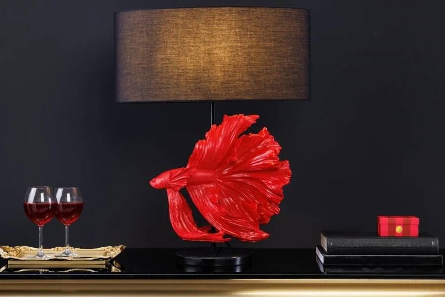 Invicta Interior Design tafellamp CROWNTAIL 65cm zwart rode stoffen kap marmeren voet 43171 - Foto 1