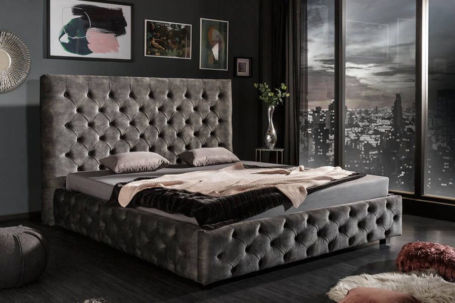 Invicta Interior Design tweepersoonsbed PARIS 160x200cm grijs olijf fluweel Chesterfield gestoffeerd bed 43537 - Foto 1