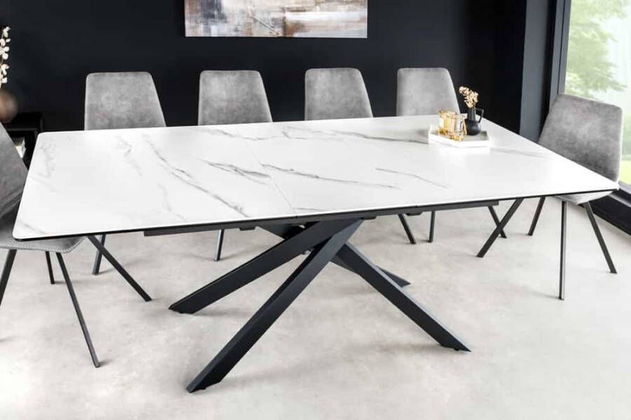 Invicta Interior Uitschuifbare eettafel ALPINE 160-200cm wit keramiek marmer zwart metalen frame 43844