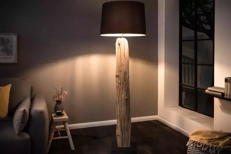 Invicta Interior Handgemaakte vloerlamp ROUSILIQUE 180cm zwarte drijfhoutlamp linnen kap boomstam 17321