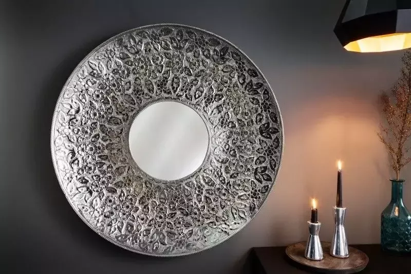 Invicta Interior Handgemaakte wandspiegel MANDALA XL 80cm zilver rond in bloemenpatroon van metaal 41759 - Foto 1