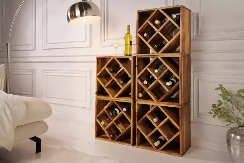 Invicta Interior Massief houten wijnrek CUBUS 40 cm Handgemaakte bijzettafel met sheesham steenafwerking 41137