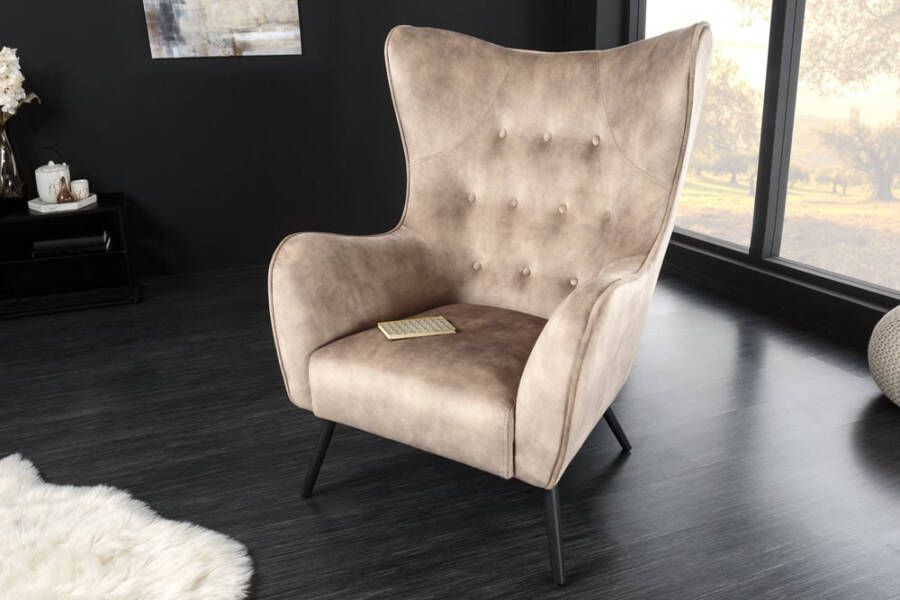 Invicta Interior Design XL fauteuil AMSTERDAM champagne fluweel zwart metalen poten retrostijl 43568