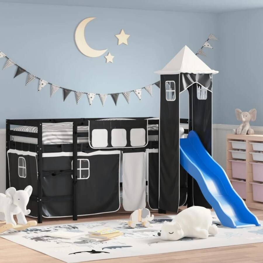 Vida XL Kinderhoogslaper met toren 90x190 cm grenenhout wit en zwart SKU: V3207087