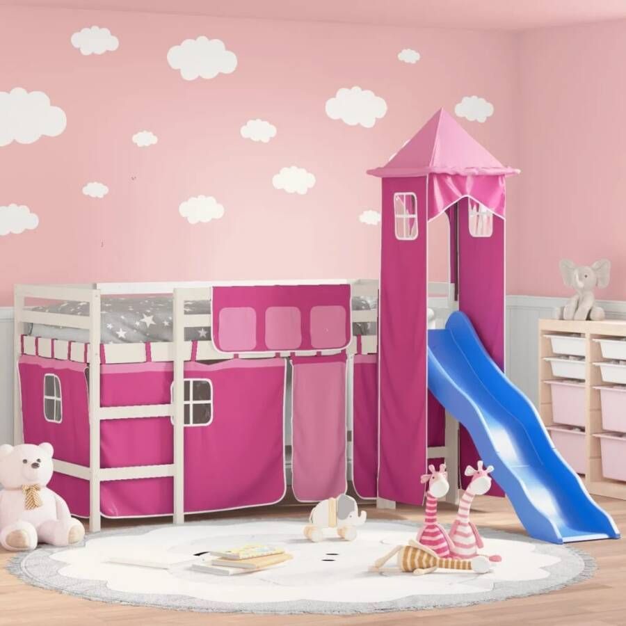 Vida XL Kinderhoogslaper met toren 90x190 cm massief grenenhout roze SKU: 3207086