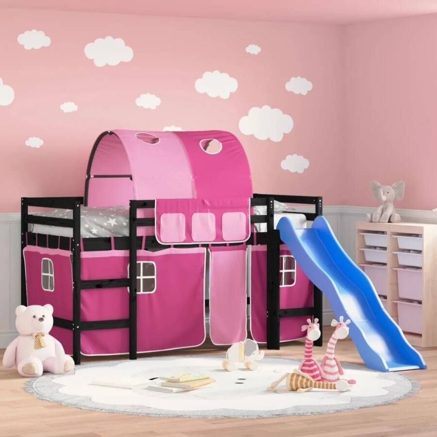 Vida XL Kinderhoogslaper met tunnel 90x200 cm massief grenenhout roze SKU: V3207053