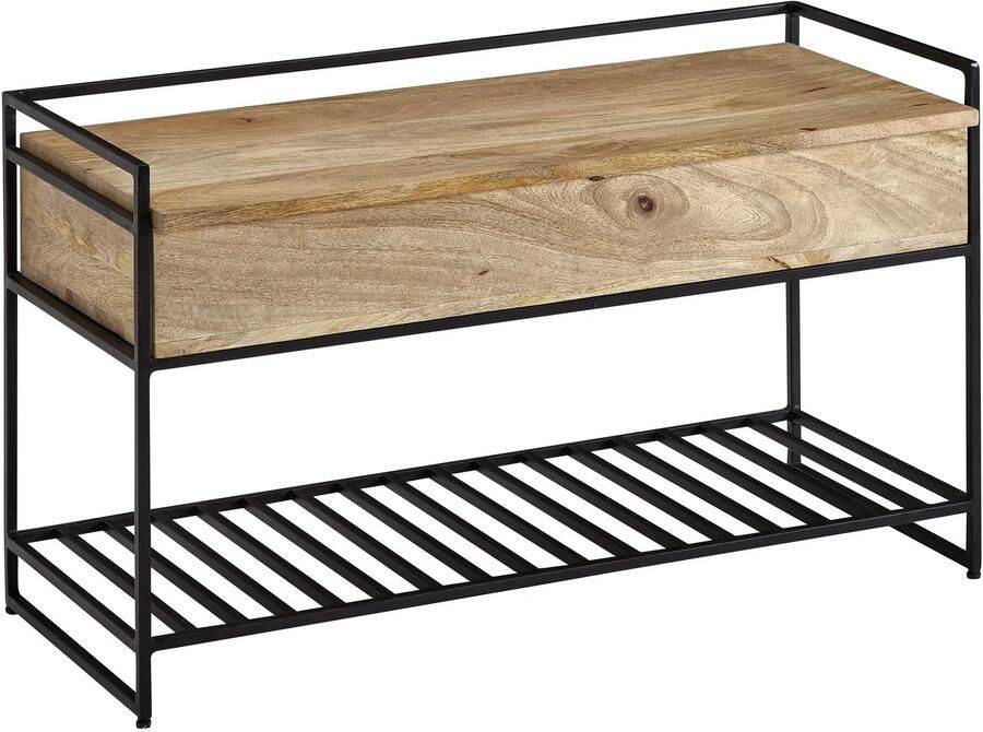 Wohnling Bank met Opbergruimte 90x52x38 cm Mango Massief Hout Metalen Bruin | Gangbank Schoenenbank met Zitje Klein | Smalle Garderobebank met Schoenenrek - Foto 2