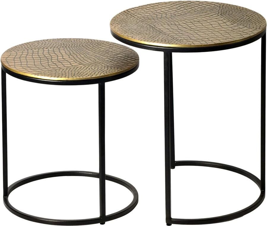Wohnling Bijzettafel Set Metaal 2-delig rond goud Bijzettafel Aluminium Tafelbladen met Patroon Design Salontafel Aanbouwtafel modern IJzeren Frame Decoratietafel Woonkamertafel Handgemaakt