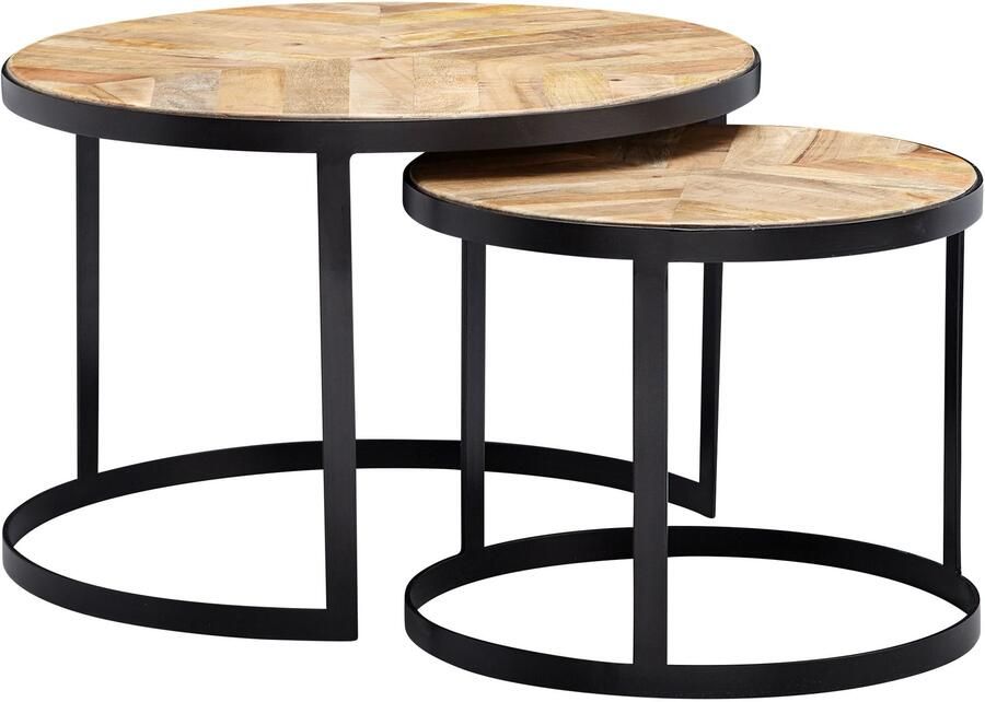 Industrieelinhuis.nl Salontafel set van 2 Mangohout Zwart onderstel Ø 60 44 cm