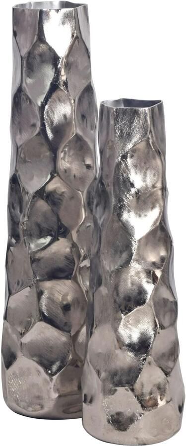 Wohnling Decoratieve Vaas Set van 2 Aluminium Zilveren Bloemenvaas Modern Decoratieve Vaas Gehamerd Ontwerp 2-delig voor Bloemen Aluminium Tafelvaas Woondecoratie Metalen Tafeldecoratie Handgemaakt