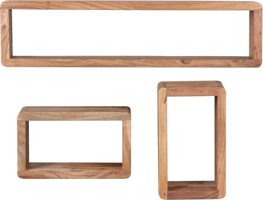 Wohnling design wandplank set van 3 BOHA massief houten planken acacia landelijke stijl | Rustieke wandplankenset hout | Hangplank vierkant echt hout | Wandplanken | Hangende dobbelstenen | Plankwanddozen vierkant