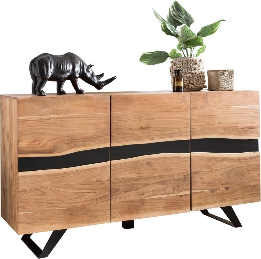 Ervesto dressoir Satara 148 x 85 x 43 cm massief hout Acacia Natuurlijk Wane dressoir Landelijke stijl Highboard met 3 deuren Hal kast dressoir