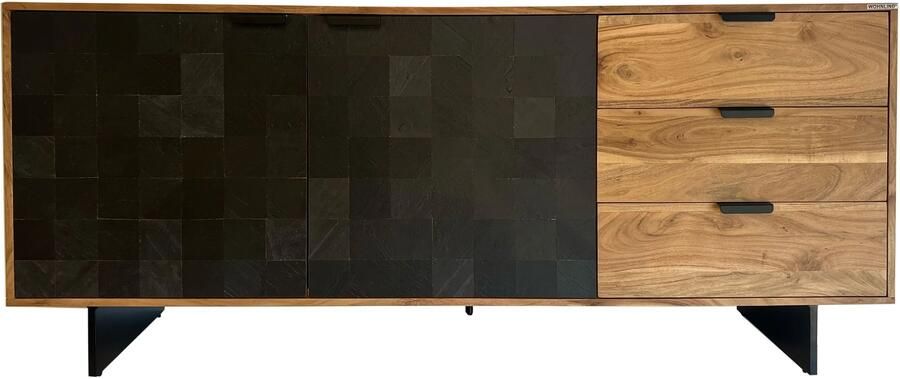 Ervesto Dressoir 175x76x40 Cm Acacia Massief Hout Sideboard Opbergkast 3 Lades En 2 Deuren Modern Design Zwart Metalen Poten