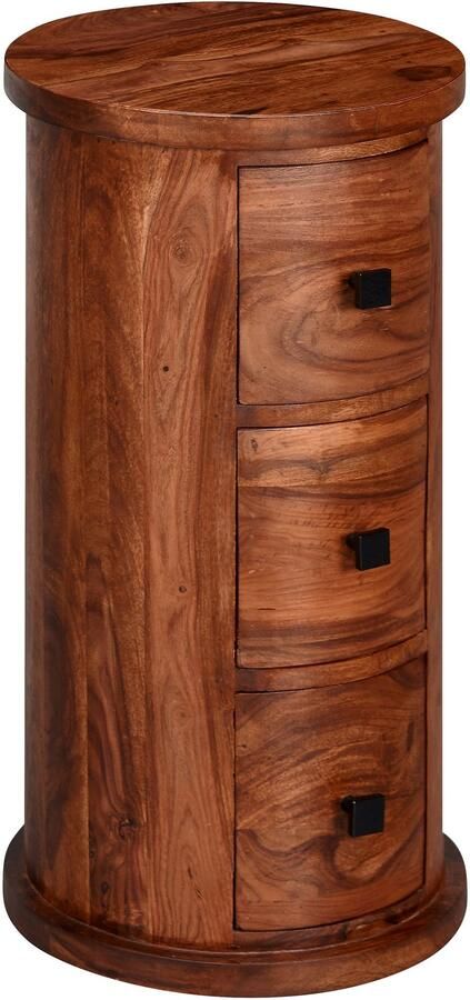 Ervesto design dressoir sheesham massief hout 35x65x35 cm Kast met 3 lades Smalle zijkast massief Mini dressoir rond