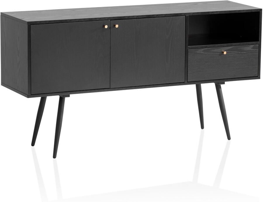 Ervesto dressoir 140x75x40 cm ladekast zwart met eiken decor tijdloos hoge ladekast staande kast woonkamer met 2 deuren en lade dressoir met open vak