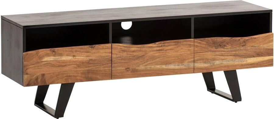Wohnling Lowboard acacia massief hout 140x50x40 cm boomrand tv-kast zwart design tv-kast hoog met lade tv-tafel tv-kast modern met deuren tv-kast woonkamer