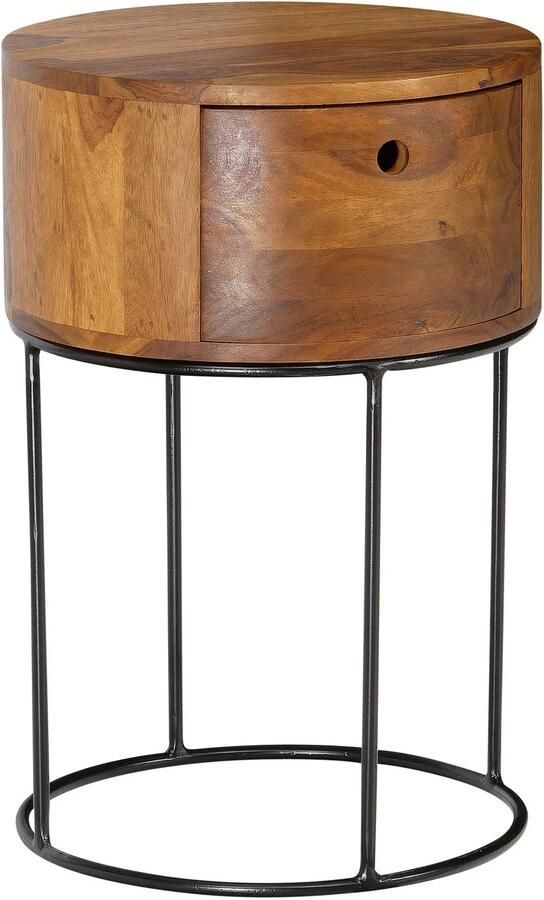 Wohnling nachtconsole Sheesham massief hout metaal 40x40x60 cm nachtkastje bruin design nachtkastje rond boxspringbed met lade nachtkastje met opbergruimte
