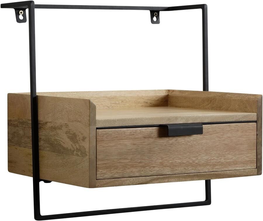 Wohnling nachtconsole voor wandmontage 44x45x35 cm mango massief hout lichtbruin nachtkastje met lade zwevende wandplank voor boxspringbed nachtkastje hangend