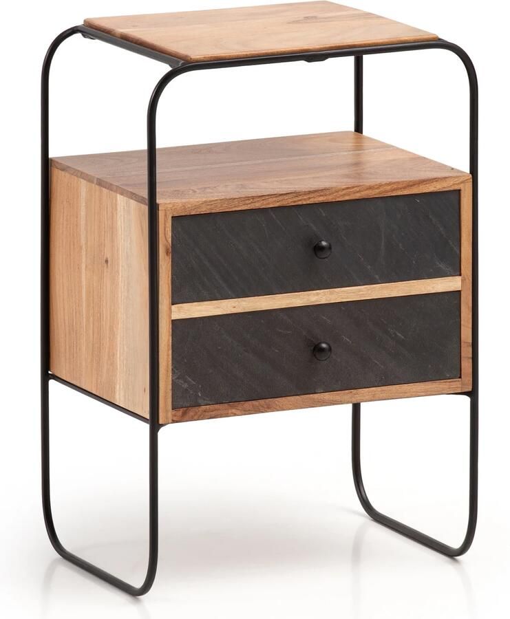 Wohnling nachtkastje massief acaciahout steenlook 40x60x30 cm nachtkastje boxspringbed | Industriële nachtconsole bruin met 2 lades & opbergruimte | Opbergruimte voor nachtkastje en metalen frame