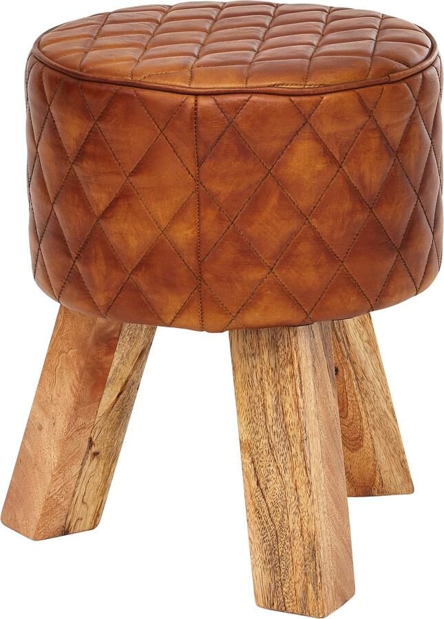Sky Style kruk echt leer massief hout 35x46x35 cm moderne voetenbank rond Turnbock lederen kruk bruin Kleine kruk Gestoffeerde houten kruk met lederen bekleding - Foto 2