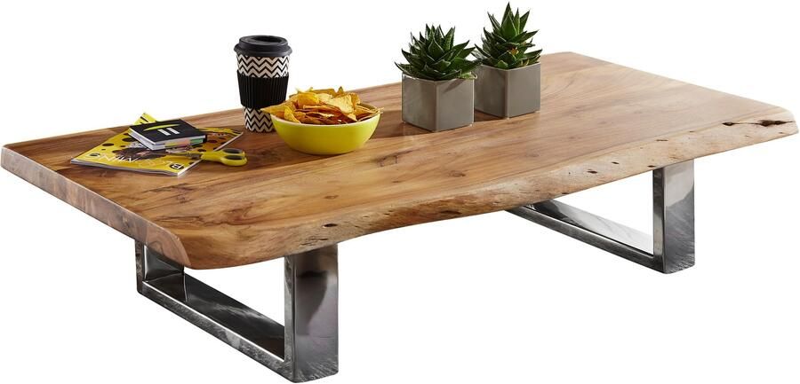 Sky Style salontafel ASURA 115 x 25 x 58 cm Acacia massief houten metalen frame groot Boomkoffer Salontafel Massief hout Bruin Boomrand met zitbank Landhuis met houten tafel Woonkamer Stubentisch