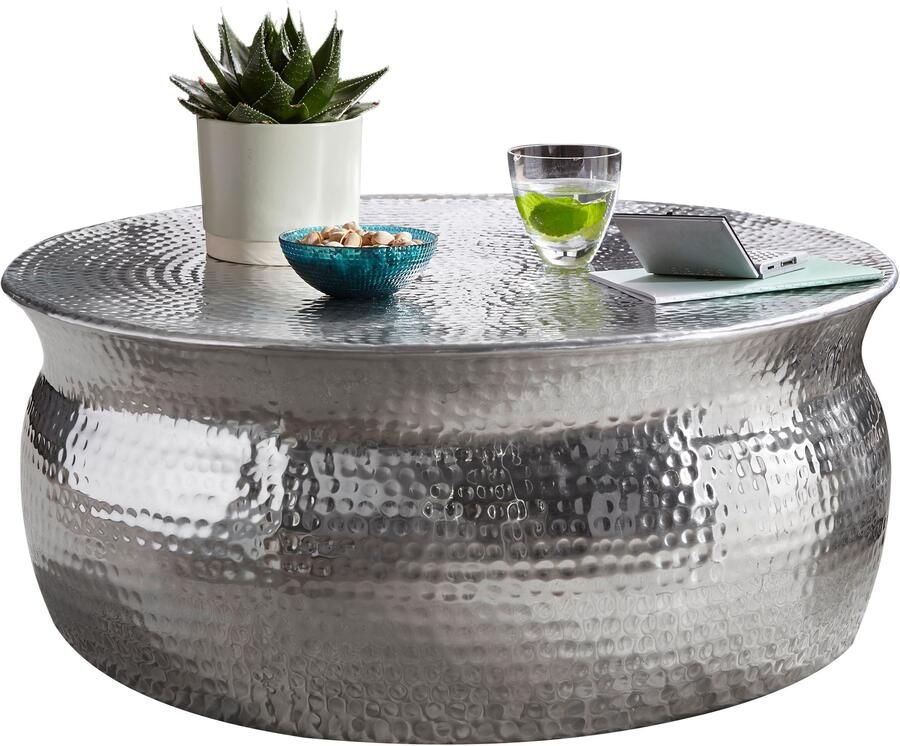 Sky Style salontafel KARAM 75x31x75cm aluminium zilveren bijzettafel oosterse rond Plat gehamerd koffietafeltje metaal Design salontafel modern Tafel klein Indiaas stub tafel klein