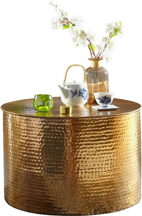 Sky Style salontafel RAHI 61 x 40 5 x 61 cm Aluminium gouden bijzettafel Oosterse ronde Plat gehamerd koffietafeltje metaal Design Salontafel Modern Salontafel Indian Stubentisch Klein