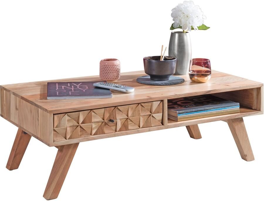 Sky Style salontafel REWA 95x35x50 cm Acacia massief houten salontafel Ontwerp salontafel met lade Stubentisch Landhaus Braun Ontwerper Houten Tafel Koffietafel Massief Tafel Woonkamer Modern