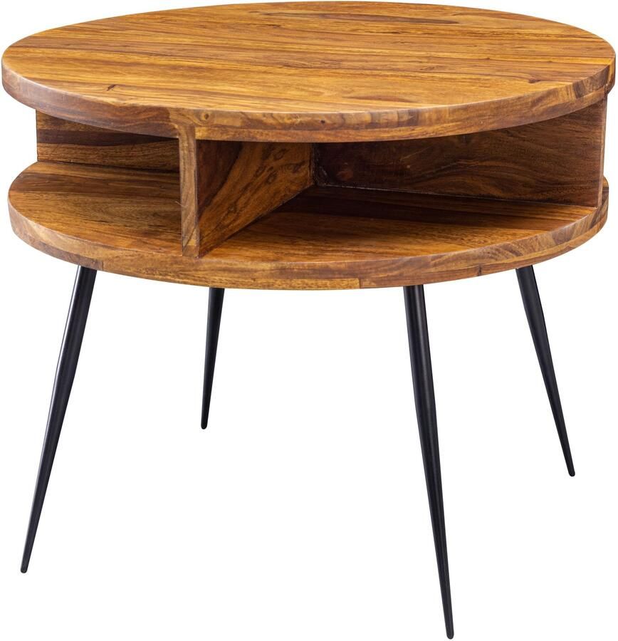 Sky Style tafel Sheesham massief hout metaal 60x45x60 cm tafel woonkamer Design bijzettafel met plank Kleine salontafel rond bruin