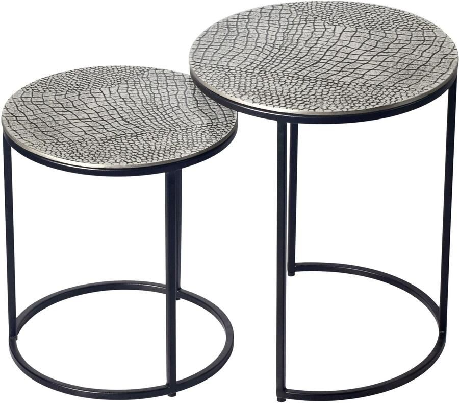 Wohnling Salontafelset Metaal 2-delig rond zilver Bijzettafel Aluminium tafelbladen met patroon Design Salontafel bijzettafel modern ijzeren frame Decoratieve tafel Woonkamertafel Handgemaakt