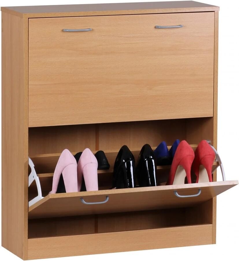 Wohnling schoen Kiepwagen SARAH Beech mat 2 compartimenten 75 x 87 x 24 cm | Ontwerp van de klomp kast voor het werk | Schoen dressoir modern met berging