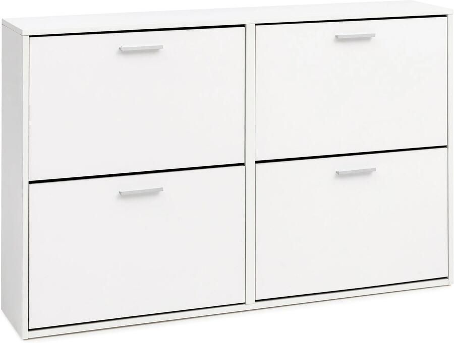 Wohnling Schoenenkast WL5.829 Modern 120 x 81 x 24 cm Houten Schoenenrek Wit 4 Vakken Schoenlade Halmeubel met Plank Design Schoenkipper Schoenopberger Hoge Halcommode voor Schoenen