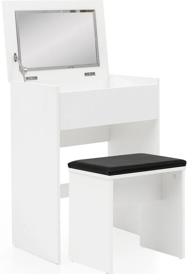 Wohnling WL5.730 60x81x40 cm Wit Console Tafel Hout Modern | Cosmetische tafel met kruk en spiegel | Witte kaptafel met opklapbaar compartiment | Moderne make-uptafel meisje groot