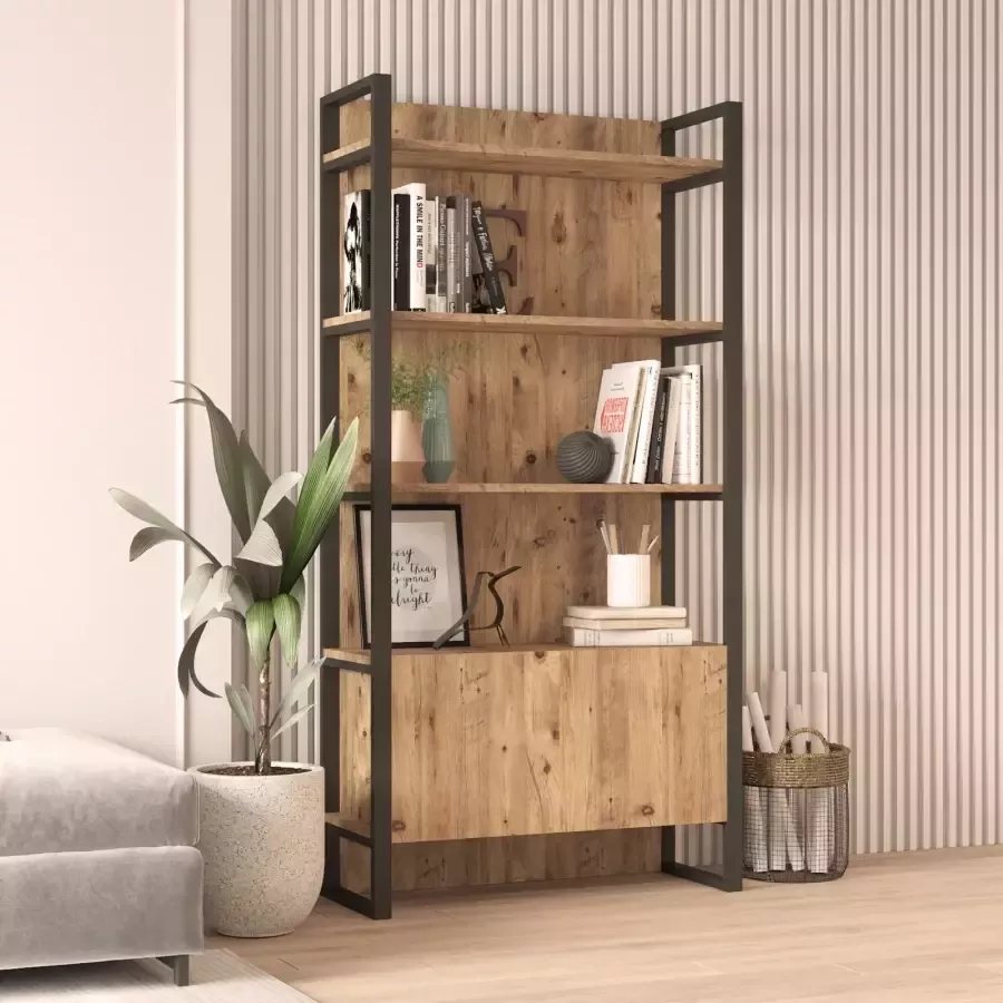 Emob Boekenplank Locelso 100% Melamine Metalen Frame Atlantisch Grenen Kantoor outlet Bruin Melamine Kantoor outlet Op voorraad