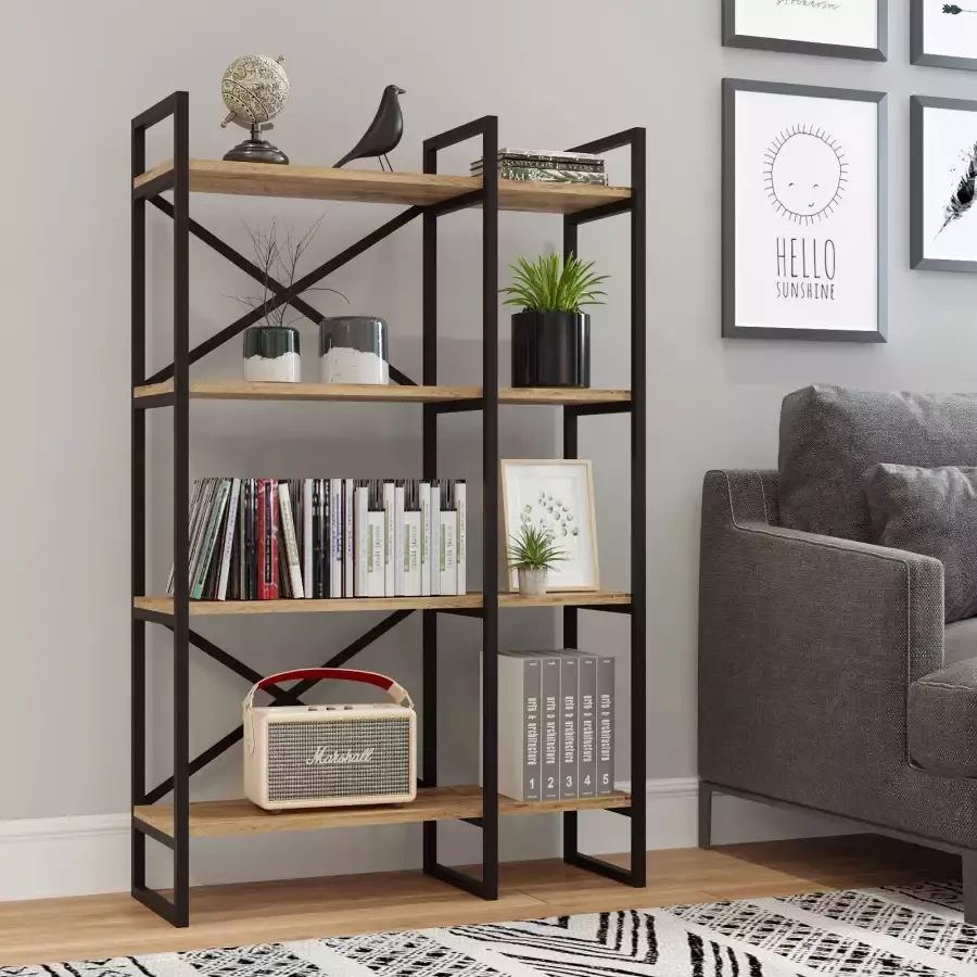 Asir Boekenplank. 100% GEMELAMINEERDE SPAANPLAAT. Dikte: 18 mm. Metalen frame. Breedte: 87 5 cm Hoogte: 138 cm Diepte: 30 cm