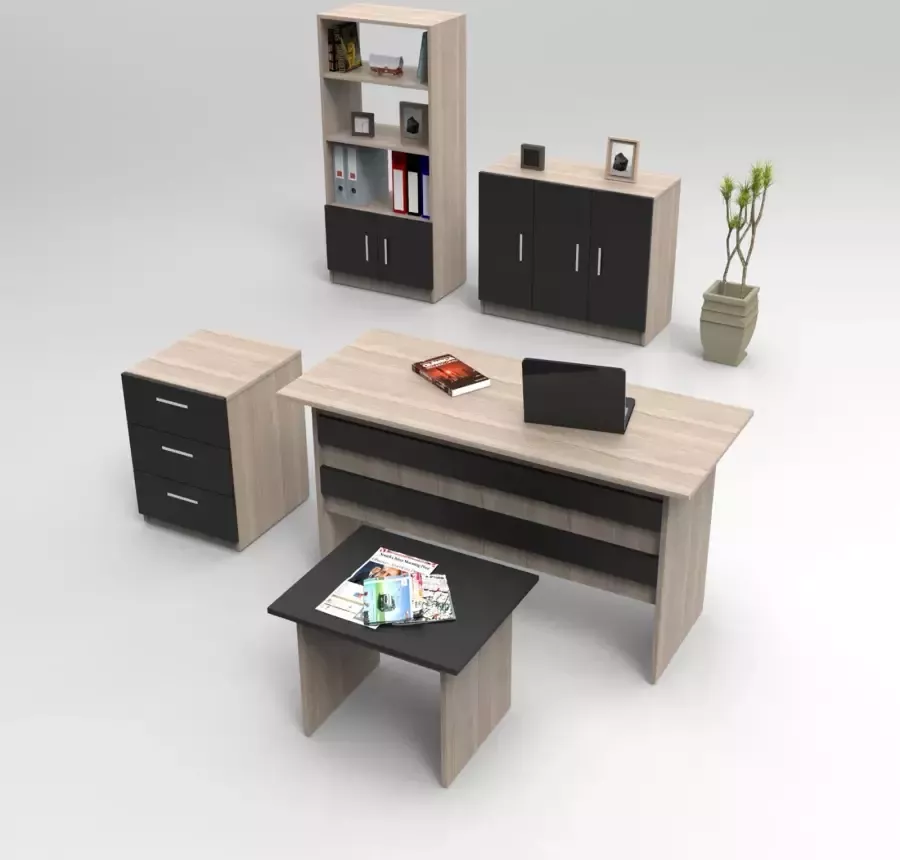 Arabic House Kantoor Meubels Set Vobarno (3 Kasten + Bureau + Tafel) Melamine Eiken Zwart