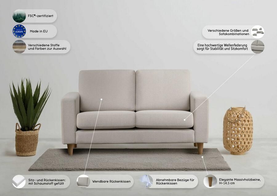 Andas 2-zitsbank Tvinno in scandinavische stijl met massief houten poten breedte 155 cm