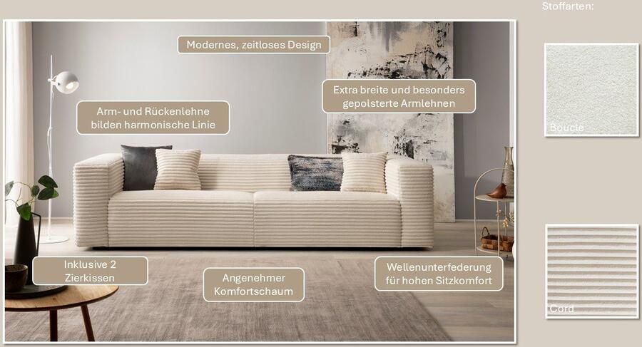 Andas 3-zitsbank BAKELS bank in cord of bouclé stof sofa in modern ontwerp comfortabele zitcomfort in 2 stoffen en 8 kleuren beschikbaar - Foto 9