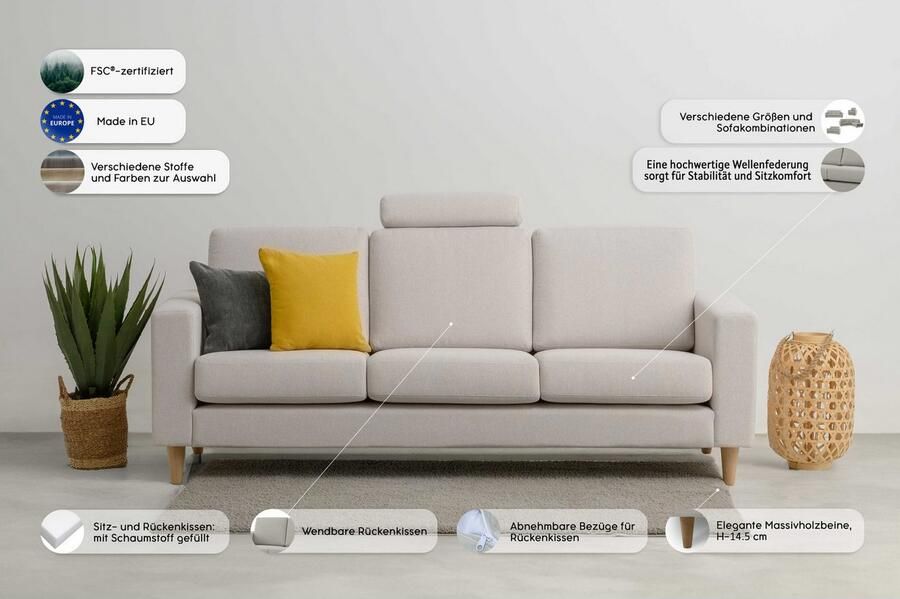 Andas 3-zitsbank Tvinno in scandinavische stijl met massief houten poten breedte 217 cm