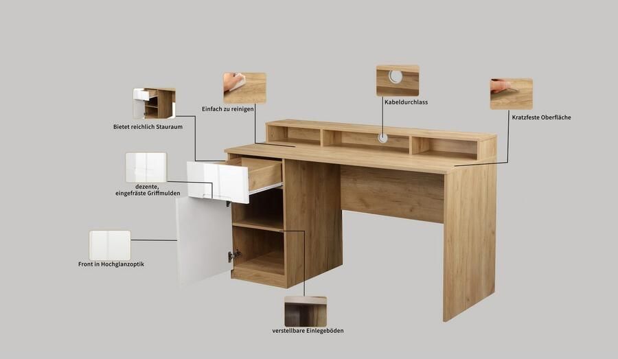 Andas Bureau Lund Monitorsteun hoogglans fronten breedte 140 cm - Foto 5