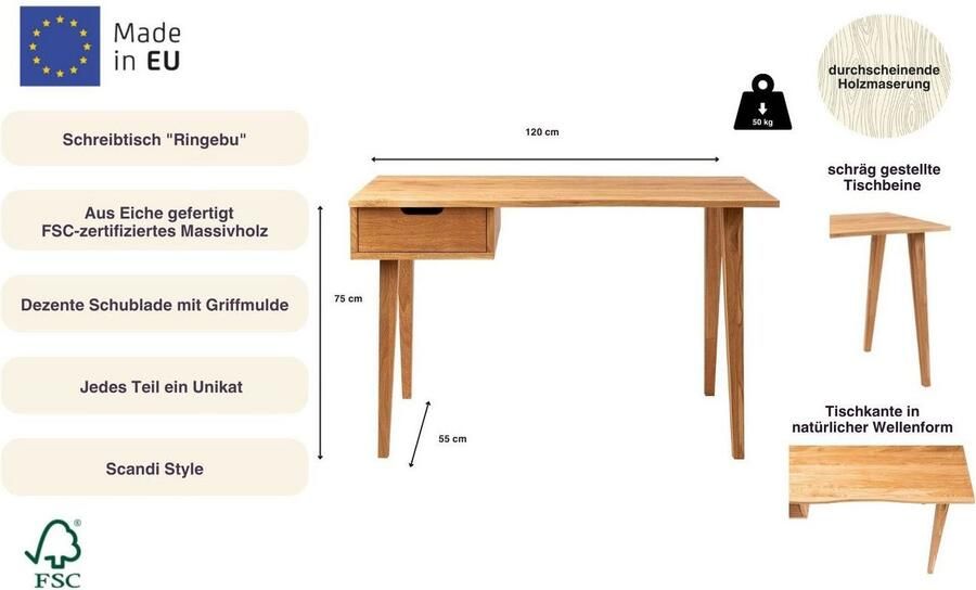 Andas Bureau Ringebu van eikenhout fsc gecertificeerd met lade breedte 120 cm - Foto 4