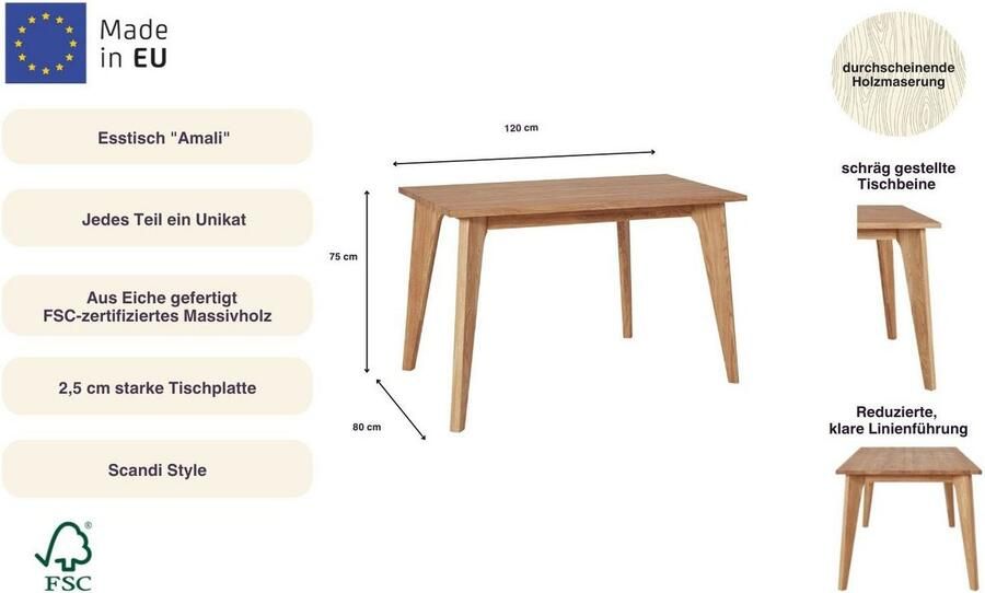 Andas Eettafel Amali Van massief eiken in 3 breedten - Foto 4