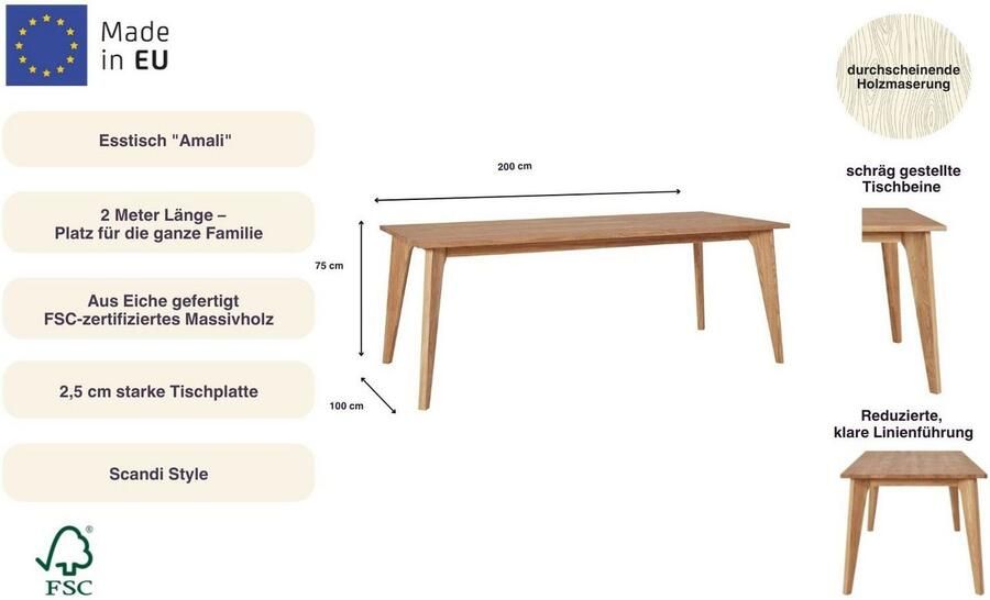 Andas Eettafel Amali Van massief eiken in 3 breedten - Foto 5