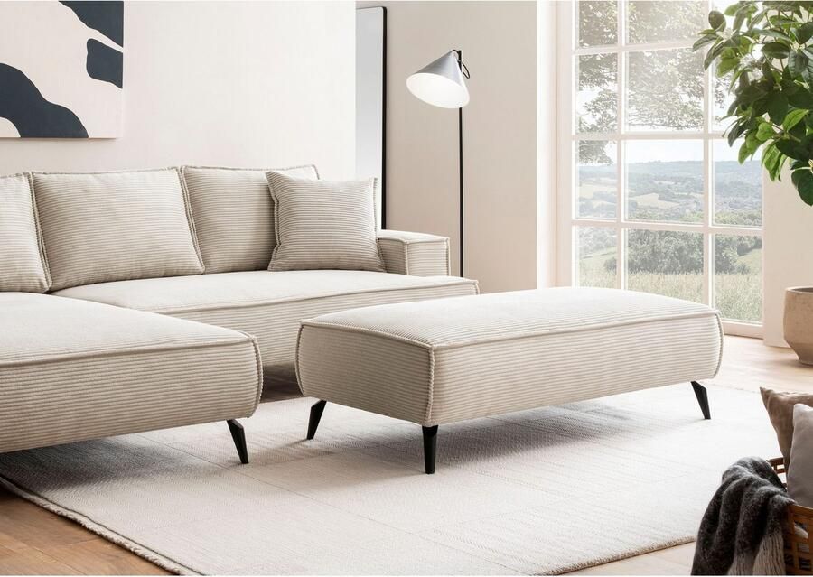 Andas Hocker TVINNU met biesnaad in cord voor de serie tvinnu comfortabele zitervaring rechthoekig zwarte voeten