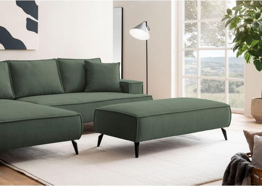 Andas Hocker TVINNU met biesnaad in cord voor de serie tvinnu comfortabele zitervaring rechthoekig zwarte voeten